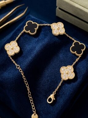 Gold Four-Leaf Clover Necklace with Black and Crystal Accents 18k Gold Plated